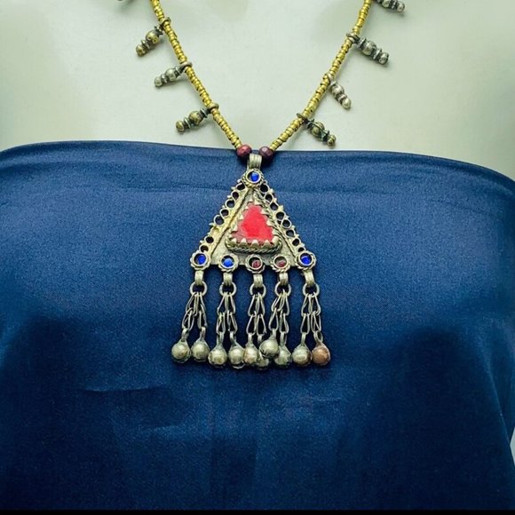 Vintage Triangular Amulet Style Pendant Necklace, Beaded Chain Necklace - Picture 2 of 13